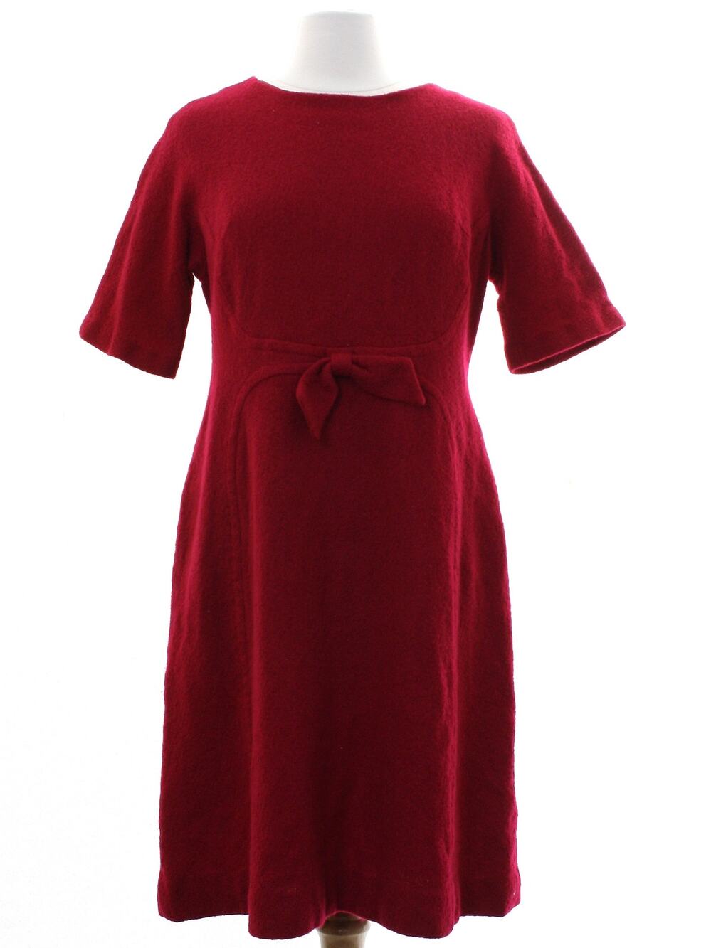 Vintage 60s Berkshire Wine Red Boucle Knit A-Line Dress Bow Accent Womens Medium